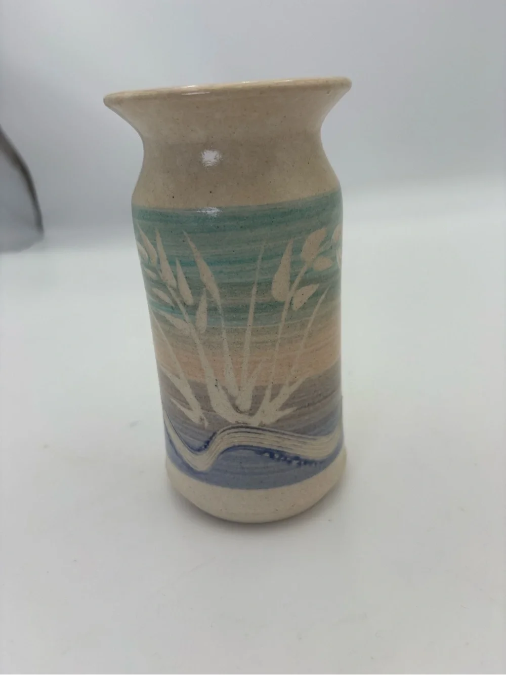 Handcrafted Vintage Signed Duffy Ceramic Vase in Pastel Blue Pink and Cream